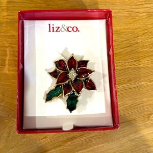 Liz&co. Vintage poinsettia flower brooch pin red enamel holiday